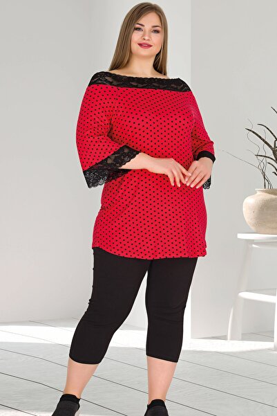 Jenny Daphne Lady Plus Size Red Short Sleeve Capri Pajamas Set 10572