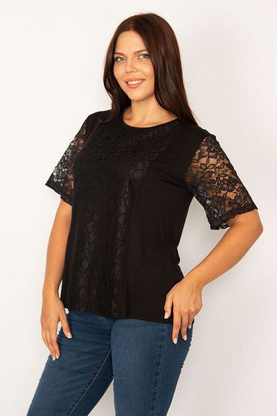 Şans Women's Large Size Black Lace Detailed Blouse 65n34187