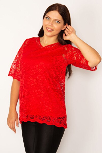 Şans Women's Large Size Red Undershirt Lace Blouse 65n34188