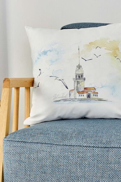 Karaca Home Maiden's Tower Ecru Patterned Throw Pillow with Inner Padding 45x45 Cm