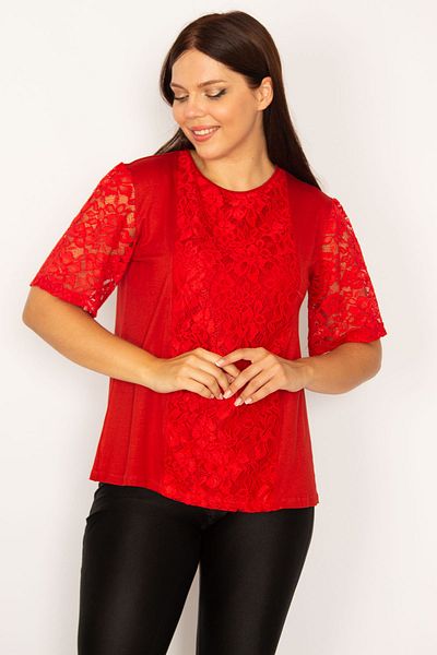 Şans Women's Large Size Red Lace Detailed Blouse 65n34187