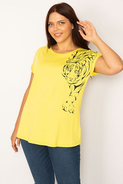 Şans Women's Large Size Yellow Print Detailed Viscose Blouse 65n34193