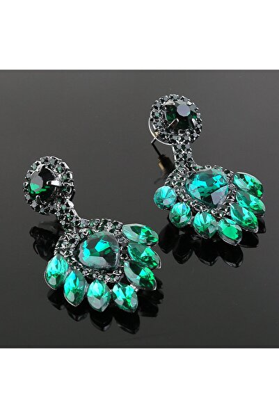 Bijuteri Moda Yeşil Renk Kristal Taşlı Gelin Küpesi, Söz Nişan Düğün Ve Abiye Küpe