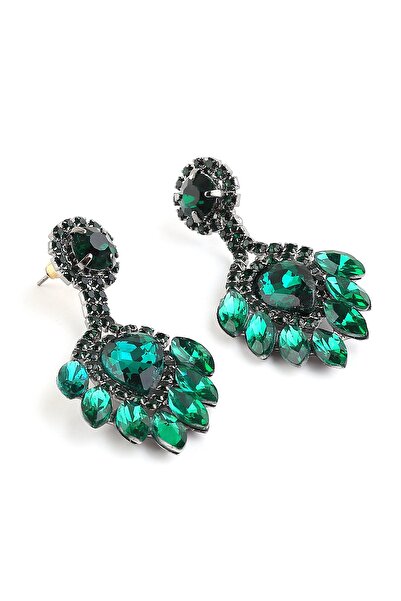 Bijuteri Moda Yeşil Renk Kristal Taşlı Gelin Küpesi, Söz Nişan Düğün Ve Abiye Küpe