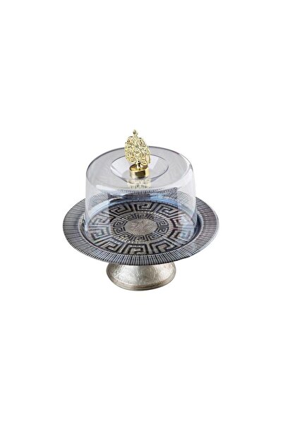 BİEV Zücev 23cm Gümüş/gold Küçük Ayaklı Cam Kek Fanusu Dizayn13-g