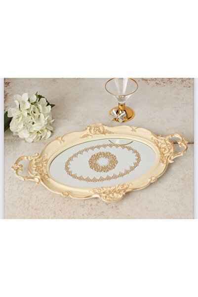 Sembol Elyasa Cam Tepsi, Sunum Tepsi 50x31 Cm - Gold