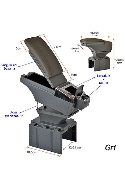 Carub Armrest Sliding Adjustable Gray Ashtray with Cup Holder Br4705708