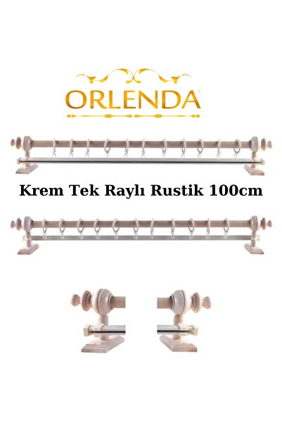 Orlenda Krem Ahşap Başlıklı Alminyum Boru Rustik Perde Askısı Tek Raylı 100cm