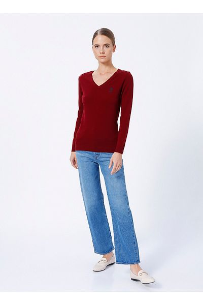 U.S. Polo Assn. V-Neck Plain Red Women's Sweater Gtd02-bsk22