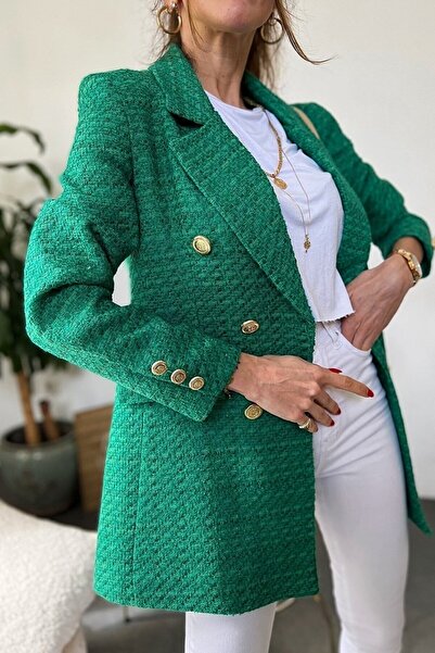 bymaestro woman Πράσινο γυναικείο μπουφάν τουίντ - Λεπτομέρεια με χρυσά κουμπιά