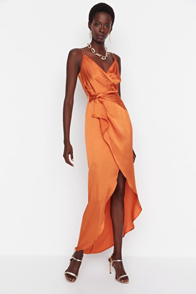 Trendyol Collection Oranžové dvouřadé dlouhé večerní šaty TPRSS21AE0050
