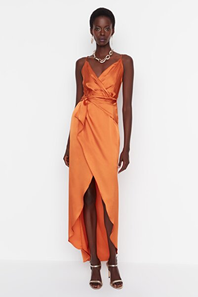 Trendyol Collection Oranžové dvouřadé dlouhé večerní šaty TPRSS21AE0050