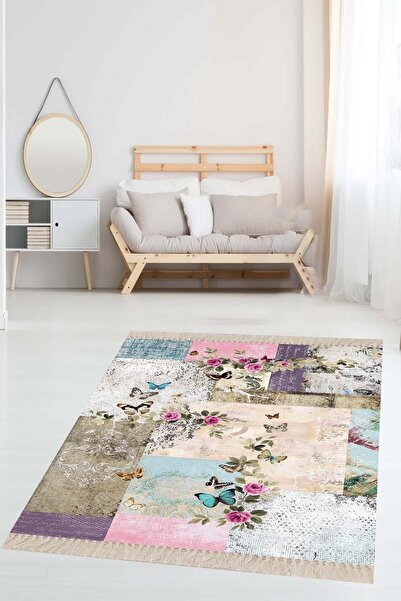 on the clouds Gül Ve Kelebek Kırkyama Patchwork Desenli Etnik Dijital Baskı Y...