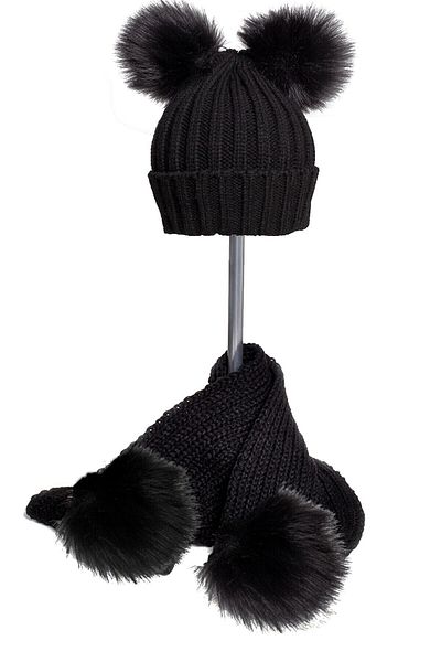 BEBEĞİME ÇORAP Set beanie eșarfă neagră cu pompon dublu