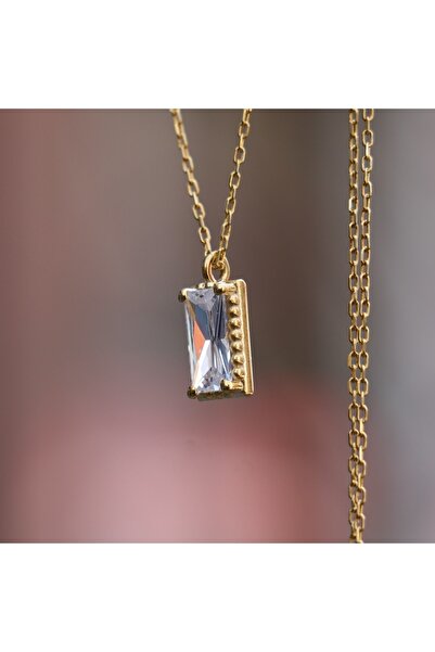 Moko Art Design Baget Kesim Mozanit Taşlı 925 Gümüş Altın Kaplama Kolye