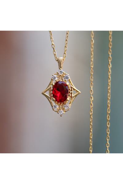 Moko Art Design Ruby Ve Mozanit Taşlı 925 Gümüş Altın Kaplama Kolye