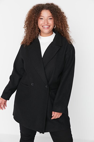 Trendyol Curve Plus Size Coat - Black - Double-breasted
