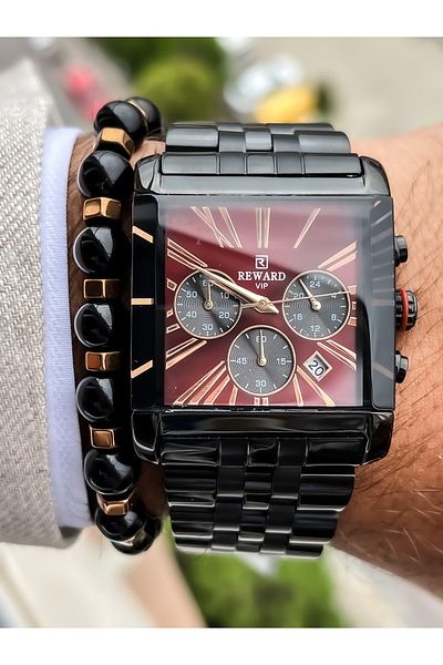 Reward Square Dial, Steel Strap, Black Color, Functional, Special Lock System Men's Watch Bracelet