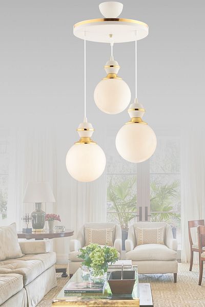 GYK LİGHT Berru Triple Tray White Gold Glop Glass Luxury Living Room Chandelier