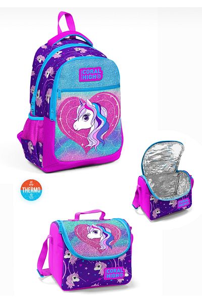 İndirimkusu Set de genți duble Unicorn Coral High Brand Original Geanta de școală primară Lunch Box