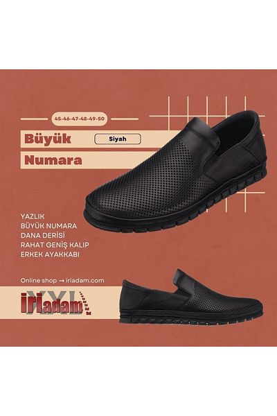 İriadam Ag1041-1 Black Leather Summer Large Size Calf Leather Comfortable Wide Size Men's Shoes