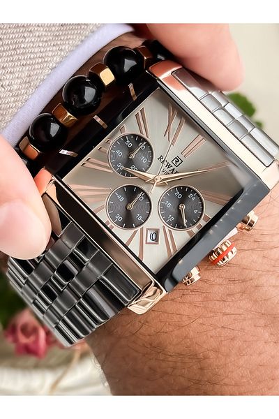 Reward Square Dial, Steel Strap, Smoked Color, Functional, Special Lock System Men's Wristwatch Bracelet