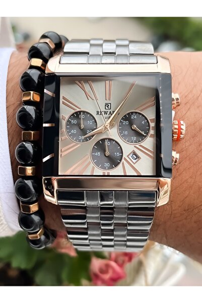 Reward Square Dial, Steel Strap, Smoked Color, Functional, Special Lock System Men's Wristwatch Bracelet