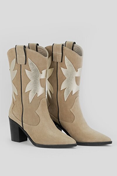 TUNAELLİ Kadın Bej Süet Hakiki Deri Western Çizme