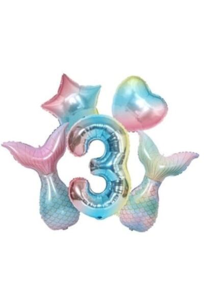 parti sürprizi Rainbow Deniz Kızı Kuyruğu 3 Yaş Folyo Balon Set