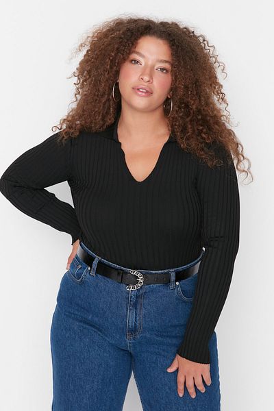 Trendyol Curve Black Ribbed Polo Neck Fine Knitwear Sweater TBBAW23AN00125