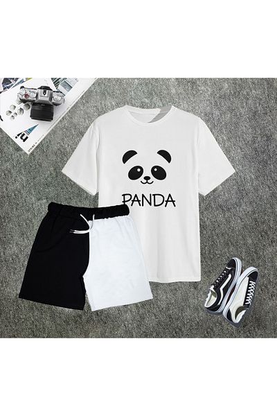 mw memowear Μπλουζάκι Unisex Panda Printed Μαύρο-άσπρο Σορτς 2 διαφορετικών χρωμάτων