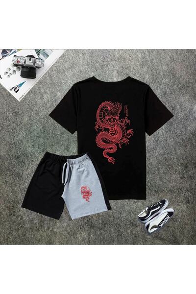 mw memowear Tricou cu imprimeu Dragon unisex Negru-gri Combinație de pantaloni scurți 2 culori diferite