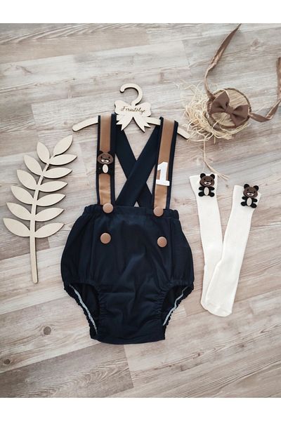 Feriatolye Teddy Bear Concept Navy Blue Caramel Striped Baby Boy Salopet