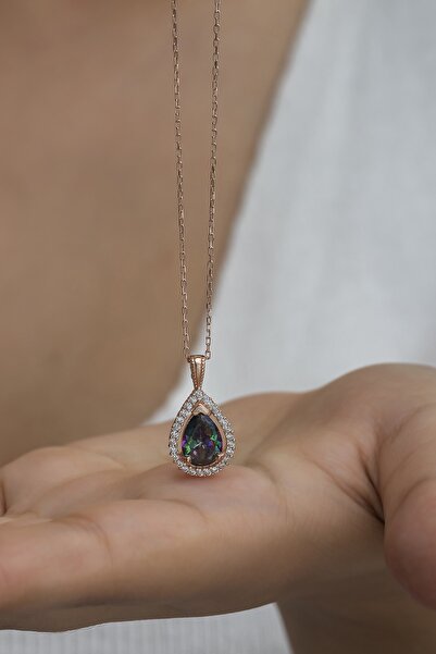 Nereze 925 Ayar Gümüş Mistik Topaz Taşlı Damla Tektaş Kolye