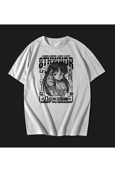 rebelberi Tricou oversize alb unisex stil Y2k - Manga Anime Grunge, scris rus...