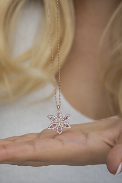 Nereze 925 Ayar Gümüş 6 Yapraklı Mor Taşlı Çiçek Kolye