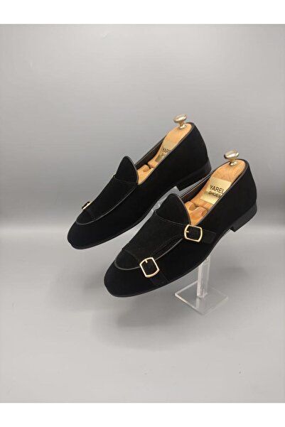 YAREL AYAKKABI Black Suede Double Buckle Genuine Leather Men's Shoes