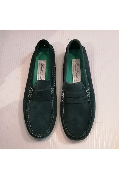 Butik Tülin Unisex Genuine Leather Suede Green Very Soft Hand Stitched Flexible Folding Rubber Sole Loafer