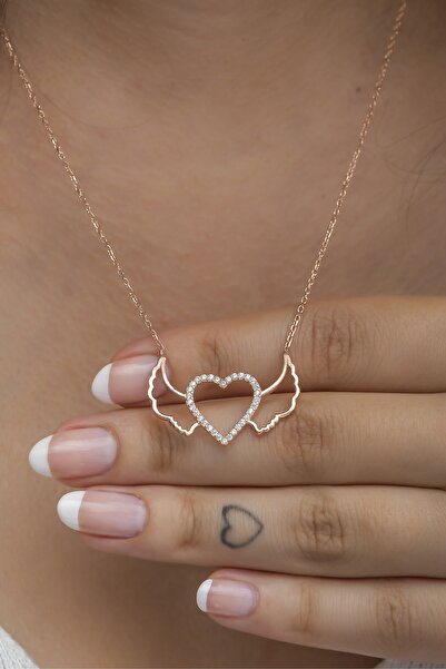 Nereze 925 Ayar Gümüş Melek Kanatlı Uçuşan Kalp Kolye