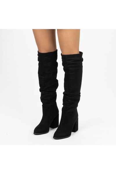 MixBrand Cizme de damă din piele intoarsa neagra cu varf ascutit, cu toc gros, burduf sub genunchi