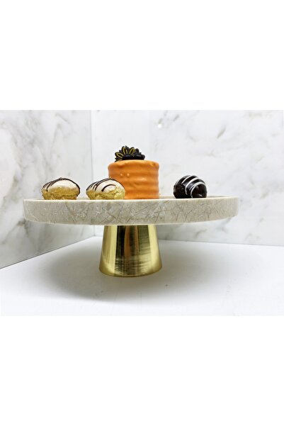 Modestmar Doğal Bej Mermer Pasta Sunum Standı Gold Ayaklı