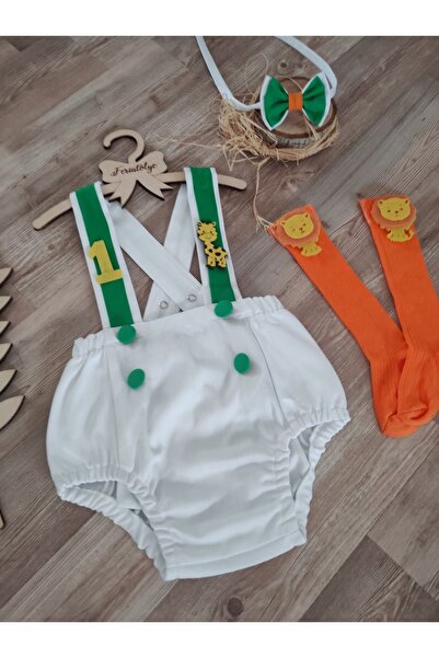 Feriatolye Safari Concept White Baby Boy Salopet with Green Stripes 1 Year Old Birthday Outfit Cake Blast