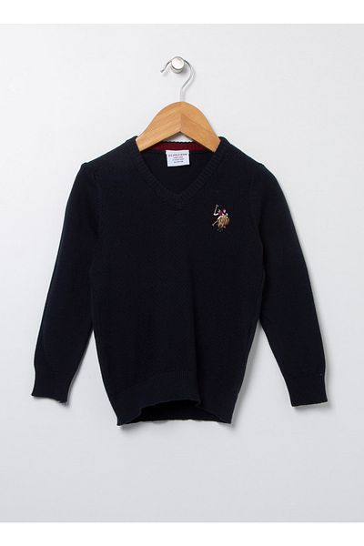 U.S. Polo Assn. Обикновен тъмносин пуловер за момче с V деколте Tcdunıvkıds-sk22