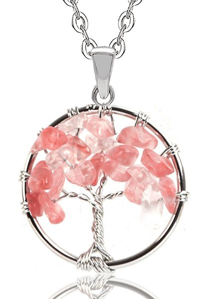 Tesbih Atölyesi Certified Rose Rose Quartz Stone Tree of Life Necklace