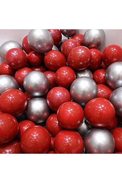 BalonEvi Krom Gümüş Ve Metalik Kırmızı Renk 50 Li Balon + Balon Zinciri