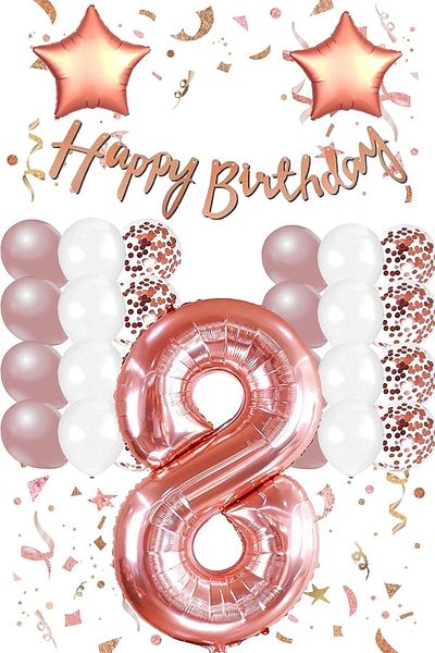 LOTUS PARTY Rose Gold Concept 8 Year Old Birthday Set Number and Star Foil Balloon Banner and 24 Balloons and Stamps