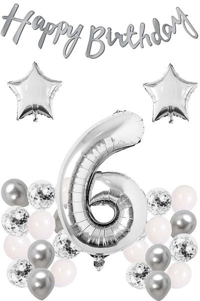 LOTUS PARTY Silver Concept 6 Year Old Birthday Set Number and Star Foil Balloon Banner and 24 Balloons and Stamps