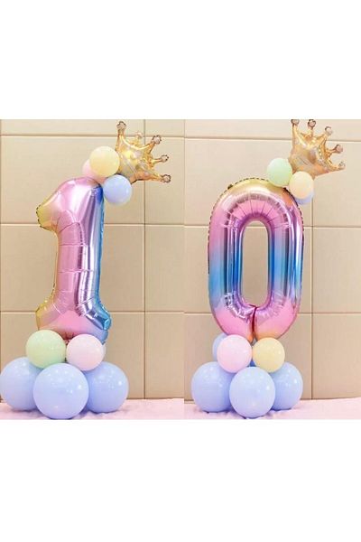 LOTUS PARTY Rainbow Concept 10 Year Old Birthday Set with Figure and King Crown Foil Balloon and 10 Macaron Balloons