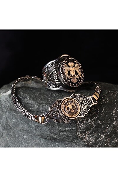 Takılingo 925 Ayar Gümüş Çift Başlı Selçuklu Kartalı Yüzük Kral Bileklik Set