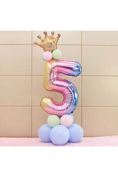 LOTUS PARTY Rainbow Concept 5 Year Old Birthday Set with Figure and King Crown Foil Balloon and 10 Macaron Balloons